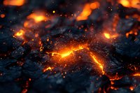 Glowing hot embers and sparks scatter against dark background, creating dramatic fiery abstract pattern with orange burning particles and ash.
