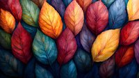 Vibrant autumn leaves in rich jewel tones of red, orange, blue and purple create dramatic nature composition against dark background. Artistic seasonal botanical pattern.