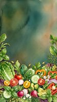 Watercolor illustration of fresh vegetables and herbs arranged at bottom border with tomatoes, cucumbers, radishes, peppers, and leafy greens against soft blended green and beige background, suitable for recipe cards and culinary designs.