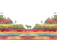 Tribal ethnic pattern with geometric shapes, animals, and ornamental borders in warm earth tones. Seamless design tiles horizontally for backgrounds, textiles, and decorative applications.