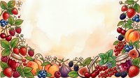 Assorted fresh berries and stone fruits arranged on sides with watercolor background, isolated on white for design use, packaging, and culinary projects.