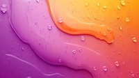 Colorful gradient background with water drops and flowing waves in purple and orange creating abstract fluid art pattern with realistic condensation.