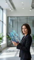 Professional businesswoman using digital tablet with holographic interface icons in modern office environment for technology presentations.