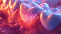 Glowing microscopic cells in red and blue tones showing cellular network connections and biological activity at molecular level with luminescent effect.