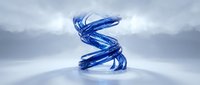 Abstract blue twisted ribbon or liquid form spiraling upward on white surface with cloudy sky background, suitable for modern design and creative projects.