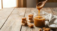 Homemade salted caramel sauce dripping from wooden spoon into glass jar with caramel candies on rustic wooden table in warm natural light.