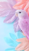 Pink parrot with white feathers on pastel background surrounded by tropical leaves in soft coral and turquoise colors creating dreamy atmosphere.