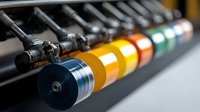 Colorful ink rollers on professional offset printing press machinery shown in close-up detail with selective focus on vibrant yellow and orange drums.
