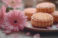Traditional mooncakes with delicate floral pattern served on ceramic plate alongside pink gerbera daisy flower and scattered petals in soft natural lighting.