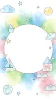 Watercolor frame with pastel clouds, stars, sailboat and house elements on white background. Dreamy border design for baby shower invitations and cards.
