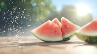 Fresh watermelon slices with water drops splashing in sunlight on wooden surface, juicy red flesh and green rind creating refreshing summer mood.