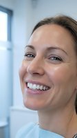 Happy middle-aged Caucasian woman smiling with white teeth in modern medical or dental office setting showing positive healthcare experience and wellness.