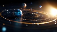 Glowing solar system model with orbiting planets and particles in dark space, illuminated by bright sunlight against black background with bokeh effect.