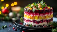 Festive layered herring salad with vibrant beets, potatoes, carrots and mayonnaise dressing garnished with fresh herbs and cranberries on dark plate with bokeh lights.