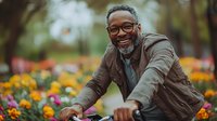 Mature African American man with glasses and gray beard smiling while riding bicycle in blooming spring garden with orange and yellow flowers. Active senior lifestyle.