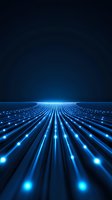 Glowing blue light trails curve into horizon on dark background, creating futuristic technology perspective with illuminated data streams and network connections.