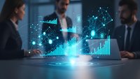 Business professionals analyzing holographic data visualization with network connections, charts and security icons in modern office meeting.