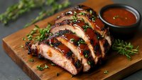 Juicy sliced grilled pork tenderloin with honey glaze and barbecue sauce on wooden cutting board, garnished with fresh herbs and spices.