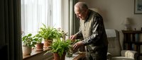 Senior Caucasian man tending to houseplants by window in cozy living room, indoor gardening hobby, retirement lifestyle, plant care at home.