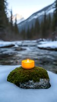 Orange candle glowing on moss-covered rock in snowy mountain landscape with flowing river for meditation, relaxation and winter outdoor activities.