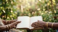 Elderly hands with gold bracelets holding open blank notebook outdoors with blurred green foliage background, suitable for education, wisdom, and storytelling concepts.