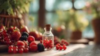 Fresh summer berries with small glass bottle on wooden table, soft focus background with natural light for food photography and healthy eating concept.