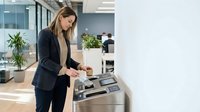 Professional businesswoman using modern office printer in contemporary workplace with glass walls and plants for corporate productivity and workflow.
