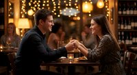 Young couple enjoying romantic dinner date in cozy restaurant with warm lighting and bokeh background for Valentine's Day celebration and dining concepts.
