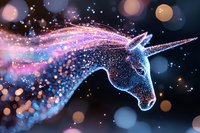 Magical glowing unicorn head with sparkly mane against dark background, featuring ethereal blue and pink light effects and floating particles creating dreamy atmosphere.
