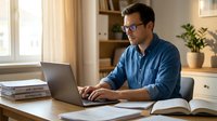 Professional Caucasian businessman in glasses working on laptop at modern home office desk with books and plants in bright natural lighting.