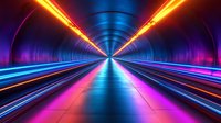 Futuristic tunnel with glowing neon lights creating dynamic perspective. Vibrant blue, pink and orange light trails form symmetrical pattern leading to vanishing point.