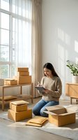 Young Asian woman entrepreneur managing online business orders with tablet surrounded by shipping boxes in bright modern home office for ecommerce startup.
