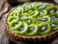 Fresh kiwi fruit tart with chocolate crust on rustic wooden background, close up view of sliced green kiwis arranged in circular pattern for dessert presentation.