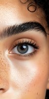 Close-up of bright blue eye with long eyelashes, defined eyebrow, and natural freckles on olive skin, showcasing professional makeup artistry and beauty details.