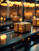 Cardboard box moving on automated conveyor belt system in modern warehouse with warm ambient lighting and bokeh effect in background. Logistics concept.