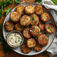 Crispy breaded zucchini rounds served on white plate with creamy garlic dipping sauce, garnished with fresh parsley and seasonings for appetizer or side dish.
