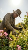 Elderly Caucasian male gardener pruning pink roses with shears on a sunny day, surrounded by lush blooming flowers in a garden.