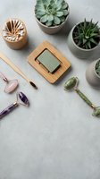 Flat lay arrangement of succulent plants in ceramic pots, wooden soap dish, natural bristle toothbrush, and jade roller tools on gray concrete surface for wellness and skincare content.