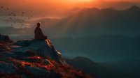 Person meditating on mountain peak at sunrise with flying birds and golden light illuminating rocky landscape for wellness and mindfulness concepts.