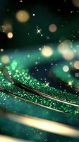 Magical emerald green glitter background with sparkling bokeh lights and shimmering particles creating dreamy abstract festive atmosphere.