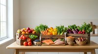 Fresh organic vegetables and fruits displayed in wooden crates on kitchen table near window. Healthy eating, farm to table concept for cooking and nutrition.