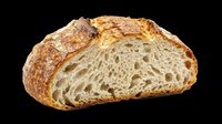 Artisan sourdough bread loaf half with crusty golden exterior and airy crumb structure, isolated on transparent background. Ready for bakery designs, food packaging, menus, and culinary graphics.