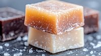 Homemade caramel candy squares stacked on dark surface with sugar crystals, showcasing rich amber and cream colors for dessert photography.