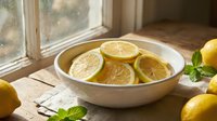 Fresh lemon slices arranged in ceramic bowl on rustic wooden table by sunny window. Natural lighting creates warm atmosphere for healthy cooking ingredients.