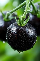 Fresh black tomato variety covered in water droplets on vine, macro photography showing detailed texture and natural moisture against blurred green background.