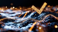 Glowing golden letter L floating over abstract blue wave pattern with sparkles and bokeh lights against dark background, modern digital art design for branding.