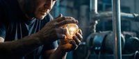 Middle-aged Caucasian craftsman carefully examining handmade ceramic pottery in warm workshop lighting, showcasing traditional artisan skills and craftsmanship.