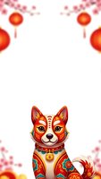 Festive cat with traditional red ornamental patterns and decorations on white background for Chinese New Year celebrations and holiday designs.