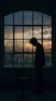 Silhouette of contemplative man standing by large arched window during golden hour sunset, creating moody atmospheric scene for mental health concepts.