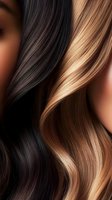 Contrasting dark brunette and honey blonde wavy hair strands showing different hair color tones and textures for salon and beauty advertising purposes.